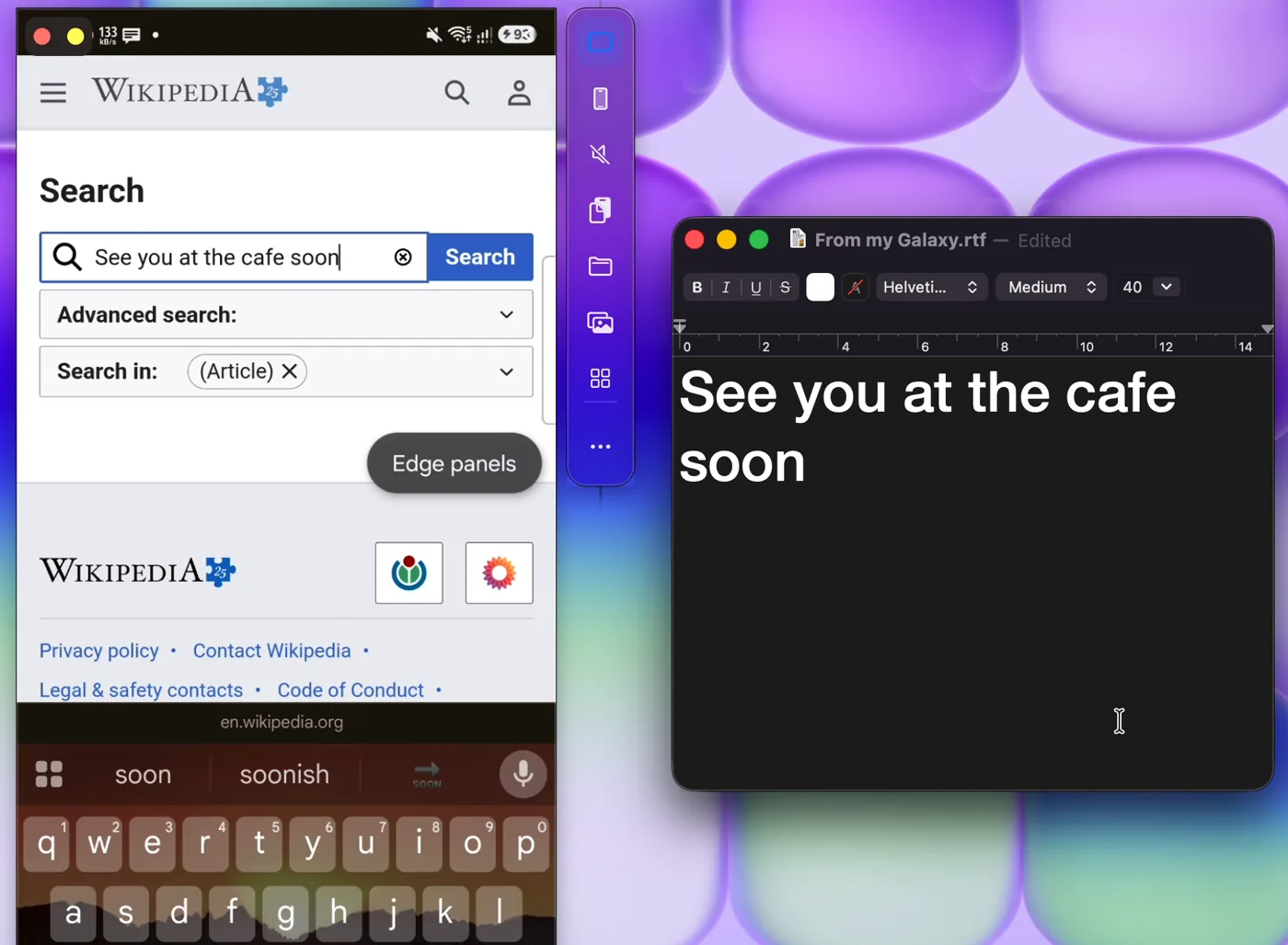 Text typed on an Android phone appears pasted into a TextEdit document on the Mac