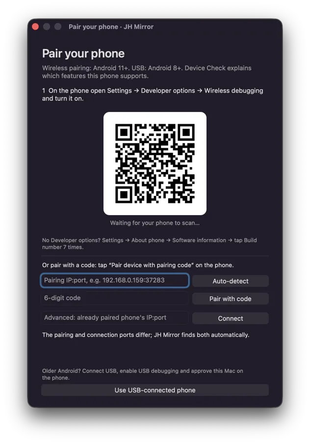 The JH Mirror pairing screen on the Mac with a QR code