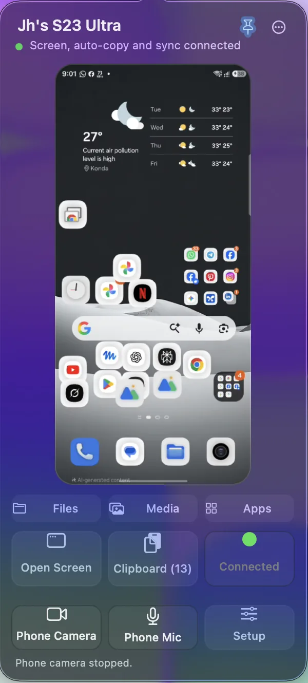 The JH Mirror menu bar panel with a live phone preview and buttons for files, media, apps, clipboard and camera